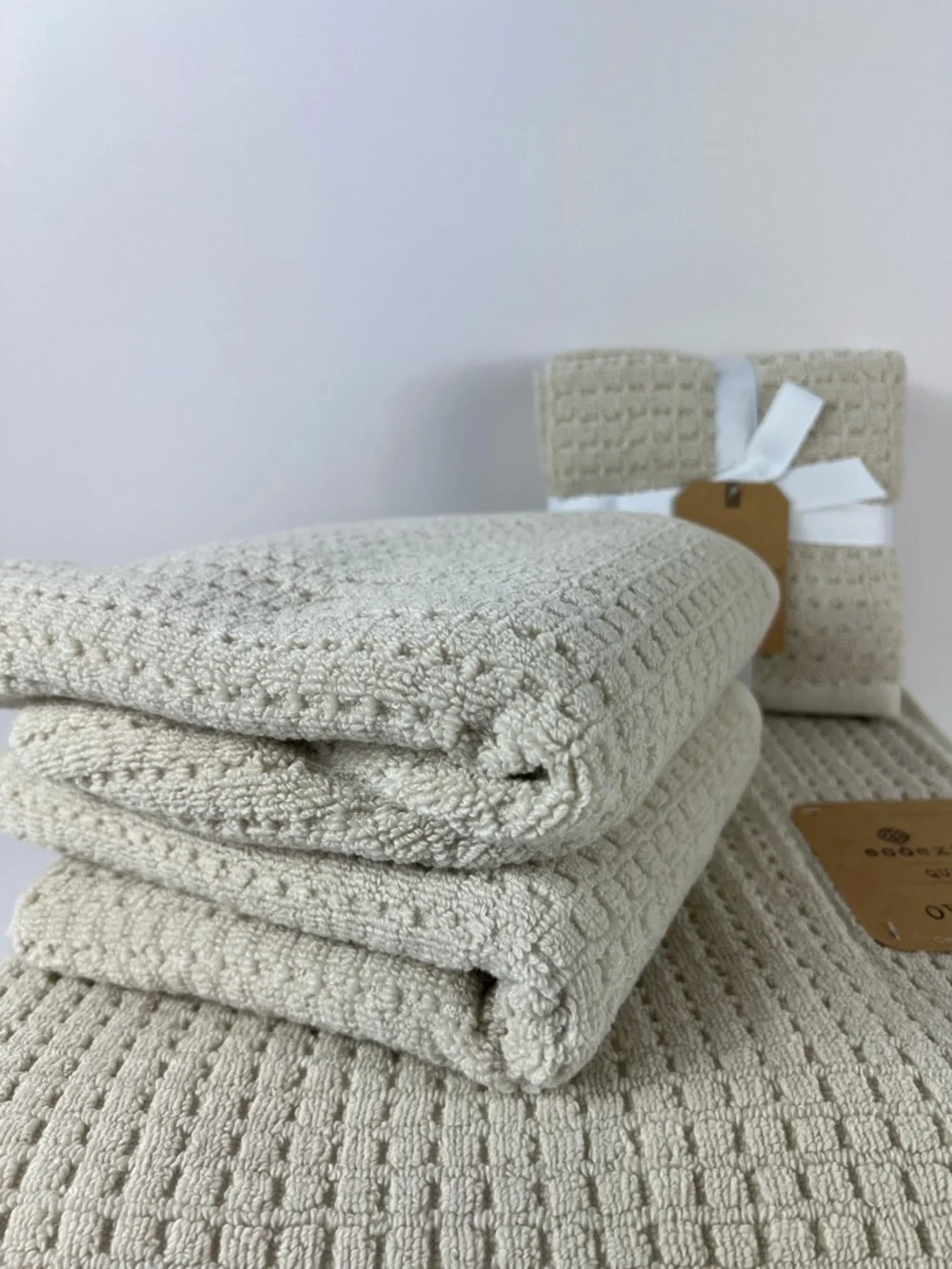 Ecoexistence Oversized Bath Towel Set Tan Waffle Cotton Quick Dry Set of 8 NEW